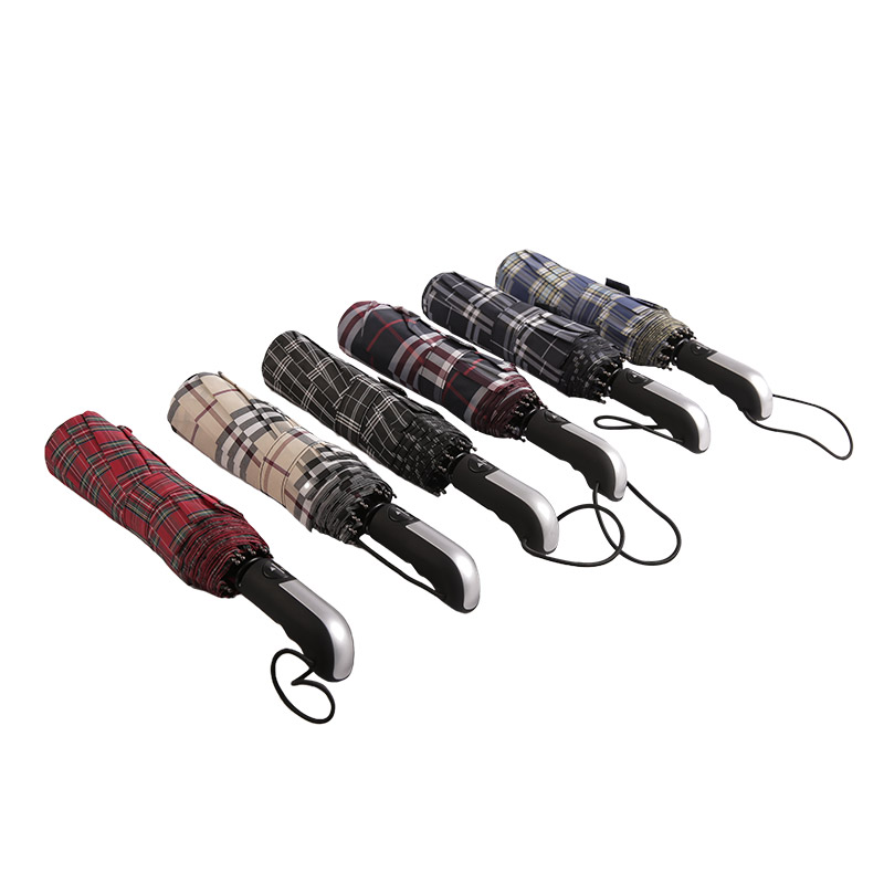 Guarda-chuva três dobras xadrez listrado escuro Pongee-0E6B0533